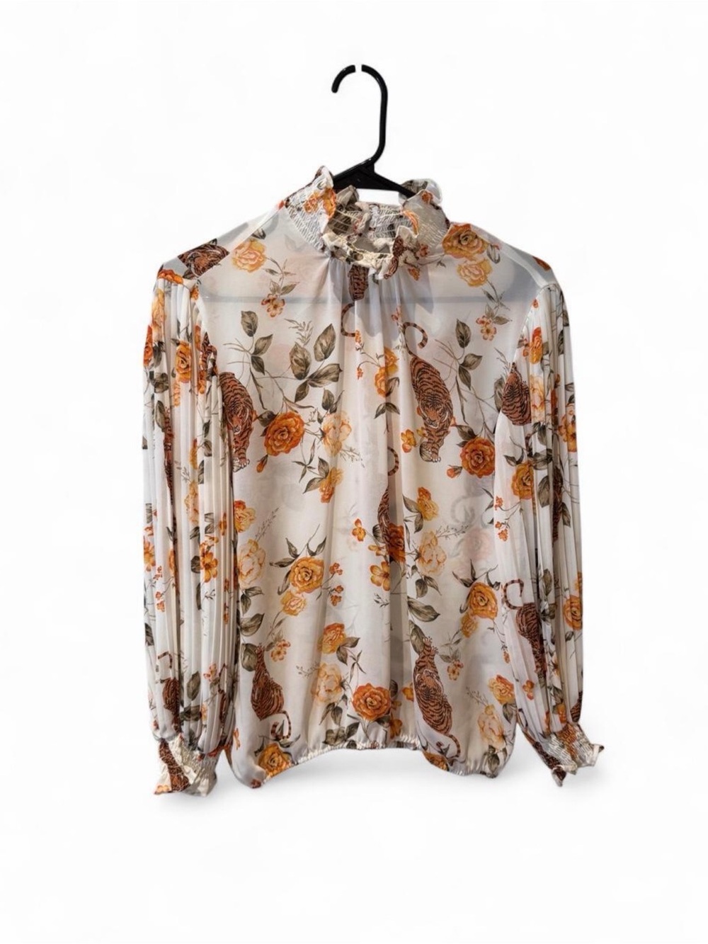 Floral Ruffle Neck Sheer Blouse - Orange Rose Print